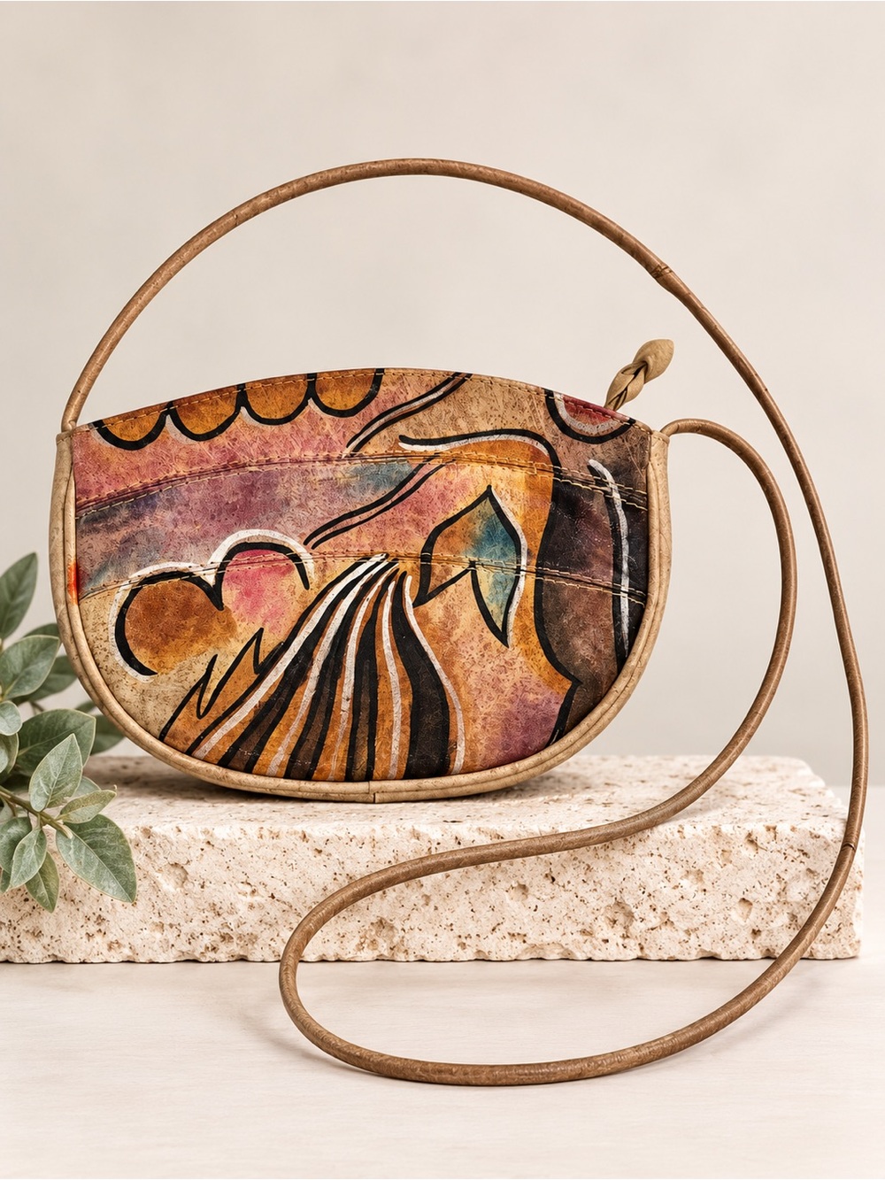 Magnifique Vintage Abstract Hand Painted Genuine Leather Half Moon Crossbody Bag